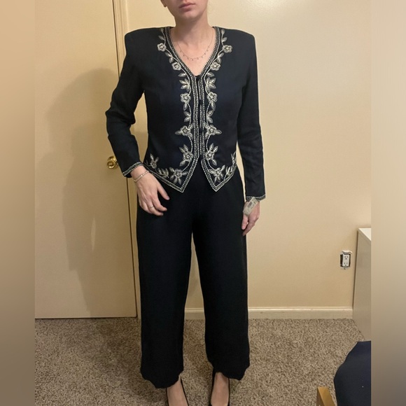 Karin Stevens Petites Vintage Navy Embroidered Jumpsuit 8P NWT 💙🤍 - Picture 5 of 12